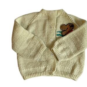 Handmade Knit Pale Yellow Little Girl's Cardigan, Bunny, Rabbit, Pastel